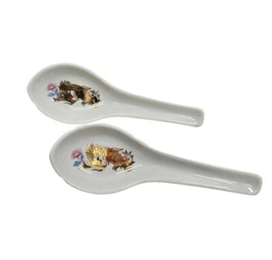 2 Vintage Chinese Porcelain Rice Soup Spoons with Hand Painted Dragons - Picture 1 of 7