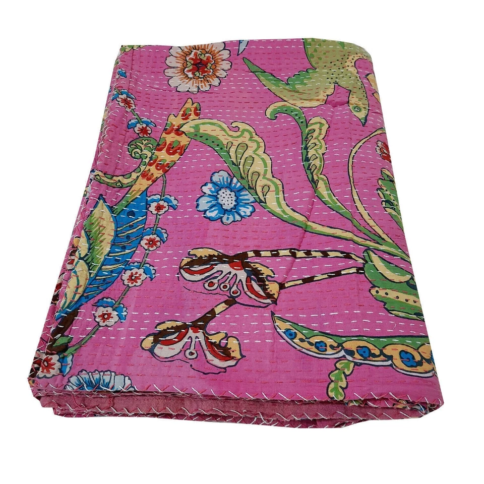 Indian Kantha Peacock Quilt Bedspread Bohemian Nature Throw Blanket Bedding Art - Image 1 of 4