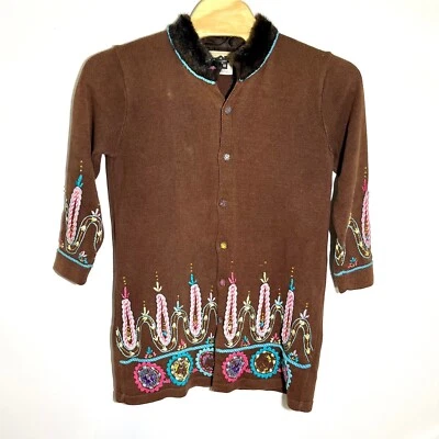 Storybook Knits Embellished Cardigan Faux Fur Trim Brown Sweater Large - Image 1 of 4