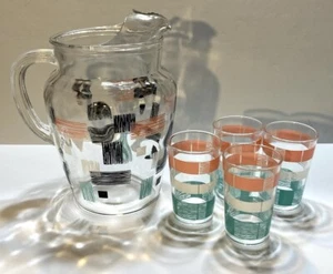 Vintage MCM Set Glass Pitcher 4 Juice Glasses Turquoise White Pink EUC! - Picture 1 of 11