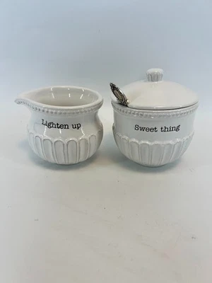 Mud Pie Cream and Sugar Set With Spoon Lighten Up Sweet Thing Farmhouse - Image 1 of 4