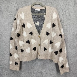 Cupcakes and Cashmere Cardigan Small Beige Heart Print Knit Sweater Cozy Cute - Picture 1 of 11