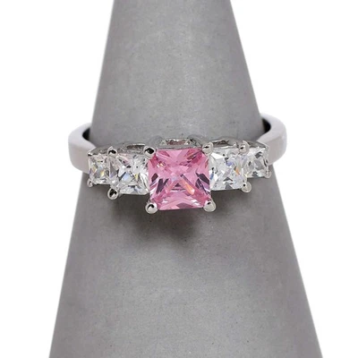 Pre-Owned 9ct White Gold Pink & White CZ Dress Ring Size L - Image 1 of 4