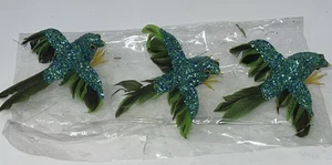 3 Real Feathers Green And Blue Green Glitter Birds Wire Feet 4” Ornament - Picture 1 of 9