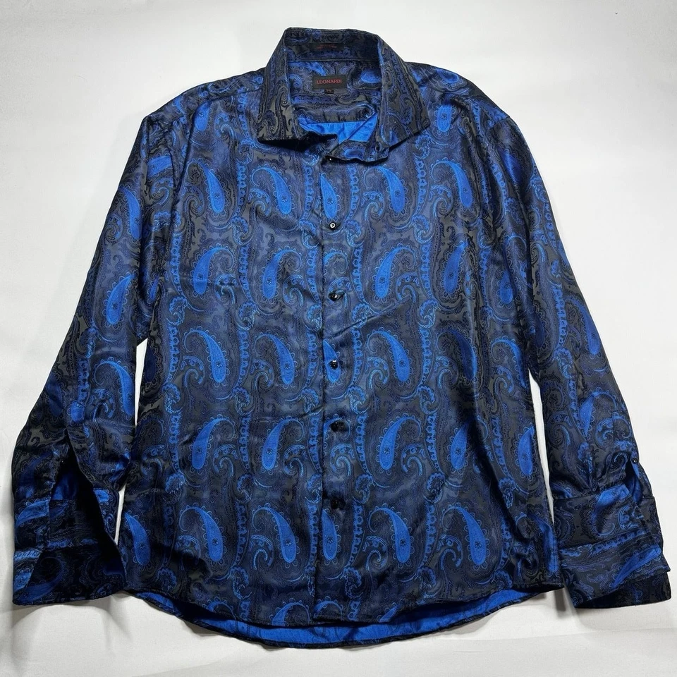 Camisa de vestir Leonardi para hombre manga larga cachemira negra azul brillo - talla 2XL Foto 1 de 4