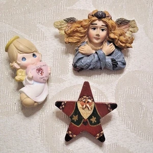 PRECIOUS MOMENTS ANGEL PIN WITH FRIENDSHIP HEART BROOCH + HANDCRAFTED SANTA STAR - Picture 1 of 12