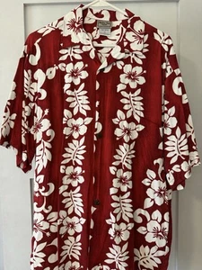 Aloha Hut Hawaii Mens Polo Flowered Button Short Sleeve Medium Red White - Picture 1 of 3