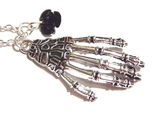 SKELETON HAND & BLACK ROSE NECKLACE skeletal pendant gothic skull silver bone 1W - Picture 1 of 3