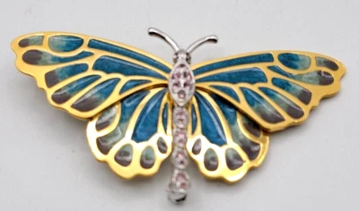 KJL Kenneth Jay Lane Blue and Green Pliqué A Jour Butterfly Brooch Signed - Image 1 of 4