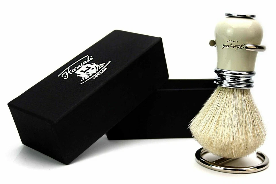 HARYALI LONDON Pure White Hair Shaving Brush 100% Badger + Stainless Steel Stand / Holder