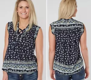 NWT Lucky Brand Cap Sleeve Lace-up V-neck Tank XS X-SMALL Blue Navy Cotton Top - Picture 1 of 14