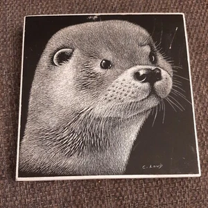 Otter print PICTURE WALL ART animal nursery black white scraper Etching C Loud - Picture 1 of 5
