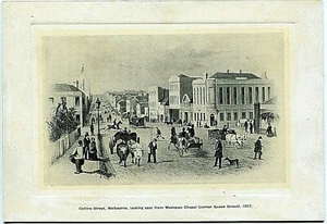 Collins Street, Melbourne, looking east from Wesleyan Chapel, 1857 - S.T. Gill - Picture 1 of 1
