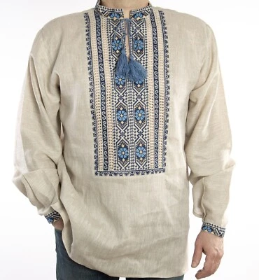 Ukrainian VYSHYVANKA fo rmen beige linen hand blue Embroidery SHIRT Wedding - Image 1 of 4