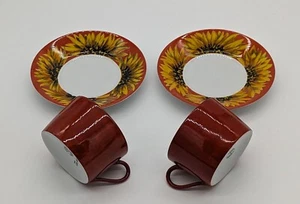 Laure Japy Tournesol Orange Two Cup Saucer Sets Sunflowers Flake Chip Limoges - Picture 1 of 11