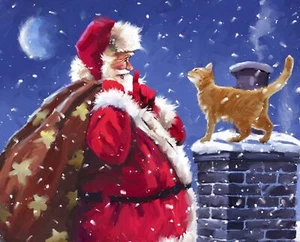35" Fabric Panel - David Textiles Digital Santa Claus & Cat Winter Night Scene - Picture 1 of 1