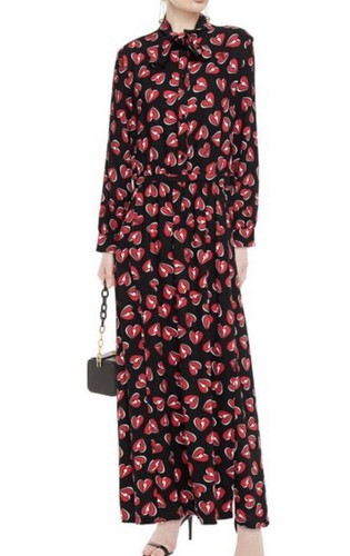 Maxi Abito Love Moschino nero fiocco pressy raccolto stampato in crepe 44 10