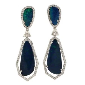 8.24ct Opal Diamond Border Prong Set Drop Dangle Earrings 18k White Gold - Picture 1 of 6