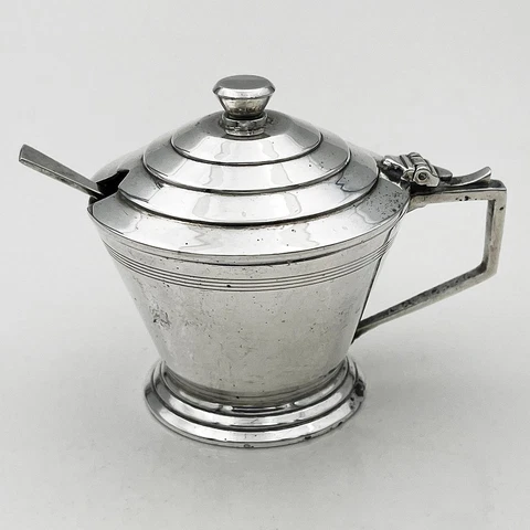 ART DECO MUSTARD POT & SPOON STERLING SILVER 1936 Manner of Keith Murray Cover