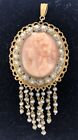 Rare Georgian yellow Gold Carved Coral cameo seed Pearls pendant ?En tremblant?