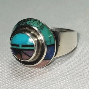 Vtg Jim Harrison Handmade Silver Ring Zuni Sun God Multi Stone Inlay Size 7 1/2 - Picture 1 of 9