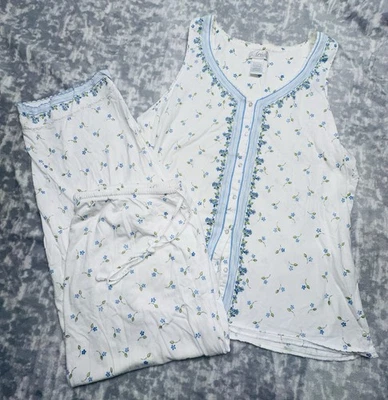 Aria Women 100% Cotton Blue White Floral Print Sleeveless Ruffle Lace Pajama LG - Image 1 of 4