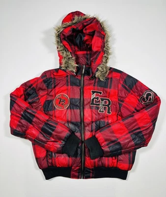 Ecko Red Jacket Womens Large Plaid Hooded Faux Fur Puffer Coat Embroidered - Image 1 of 4