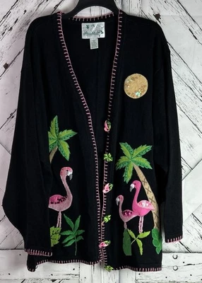 Quacker Factory 3X Cárdigan Negro Suéter Cuentas Tropical Flamenco Palmeras Foto 1 de 4