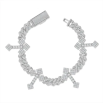 Round Full Moissanite Cross Cuban Bracelet 925 Sterling Silver Chain Hip Hop GRA - Image 1 of 4