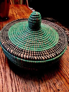Hand Woven Round African Coil Basket Brown Tan Green Natural With Lid 8”x 7” - Picture 1 of 6