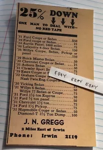 1937 IRWIN PA. J.N. GREGG AUTOS ZUM VERKAUF ANZEIGE + PREISE LINCOLN HIGHWAY NEU POSTKARTE - Bild 1 von 1