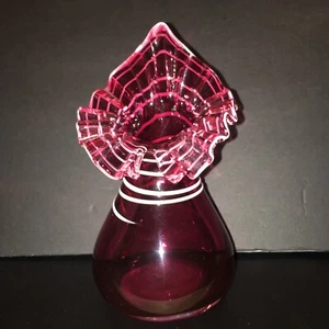 Cranberry Glass Jack in the Pulpit Vase Ribbon of White Ruffled Rim Fenton 7” - Picture 1 of 12