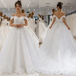 Luxury Wedding Dresses Off The Shoulder Lace Appliques Sweep Train Bridal Gowns - Picture 1 of 13