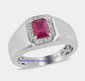 Natural Ruby & CZ Gemstones with 925 Sterling Silver Ring for Men's #A9 - Picture 1 of 4