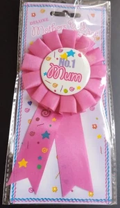 MUMS BIRTHDAY ETC ROSETTE TYPE BADGE "NUM 1 MUM" PREDOMINANTLY PINK - Picture 1 of 1