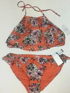 Time & Tru Two Piece Swimsuit Coral Floral Top Sz L (12-14), Bottom Sz M (7-8) - Picture 1 of 5
