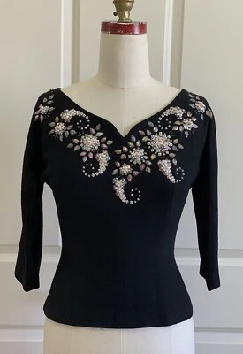 Top de cóctel vintage años 50 Odette Palma de Mallorca negro con cuentas a mano talla 8 EE. UU. Foto 1 de 4