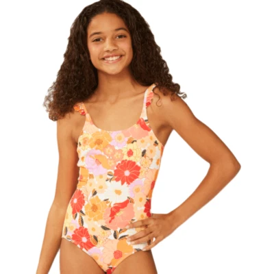 Billabong Girl's Size 14 1 Pc Swimsuit So Groovy One Piece Orange Red Floral - Image 1 of 2