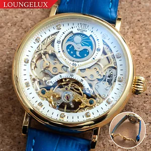 Mens Luxury Gold Dual Time Automatic Mechanical Watch Blue Leather Deployant - Picture 1 of 12
