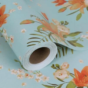 Blue Floral Wrapping Paper Jumbo Roll 17 in x 60 ft Daylily Flower Gift Wrap ... - Picture 1 of 7