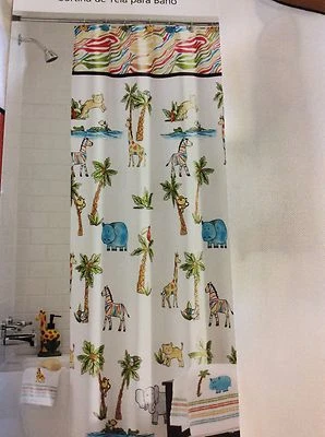 Cortina de ducha de tela Saturday Knight Safari Palmeras Hipopótamo Jirafa Mono Niño Foto 1 de 3
