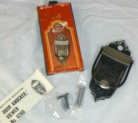 NOS Vtg Amerock Monterey Antique Silver Door Knocker W/ Peephole Viewer Gothic Cover