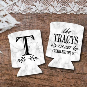 Personalized White Marble Pattern Can Coolers, Wedding Gift Monogrammed Coolies - Picture 1 of 7