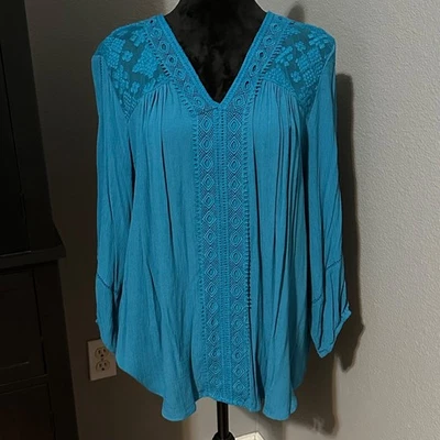 Blusa New Directions Mujer XL Turquesa Encaje Crochet Campesina Túnica Top Elegante Foto 1 de 4