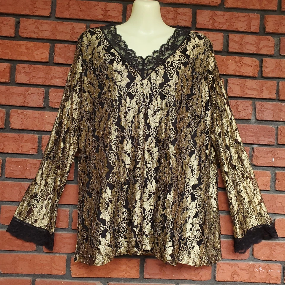 Vintage Y2K 2000s Gold Black Lace Top Kathy Ireland Plus Size 1X Goth Whimsigoth - Image 1 of 4