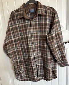 Pendelton Women VTG Wool Flannel Tunic Button Up Shirt Tan Plaid Gorpcore - Picture 1 of 7