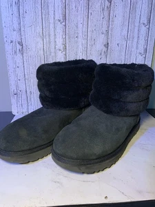 UGG Mini Fluff Quilted Cuff Black Suede Sheepskin Ankle Boots Size 8 - Picture 1 of 6