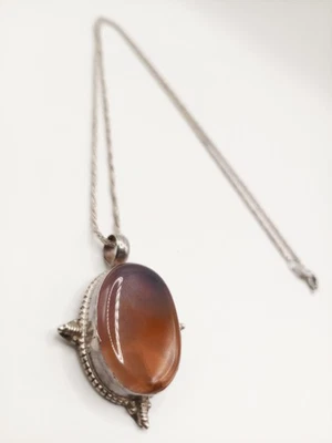 Antico Vintage Collana Argento 925 Ciondolo Pietra Agata Art Nouveau  - Immagine 1 di 4