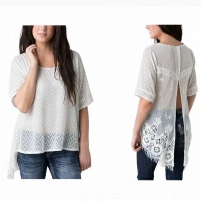 BKE Red Women Large White Lace Open Back High/Low Blouse Boho Festival Top  - Image 1 of 4