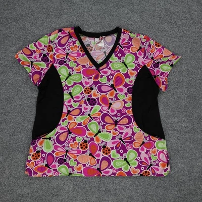 White Cross Scrub Top Womens XL Butterfly Lady Bug Print Pockets Nurse - Image 1 of 4